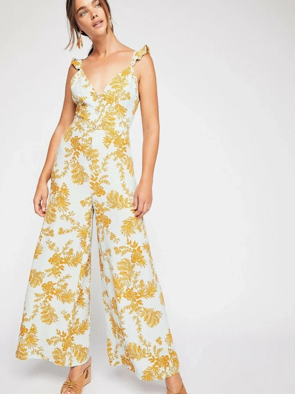 NWT Free People White Jumpsuit with Mustard Floral Print